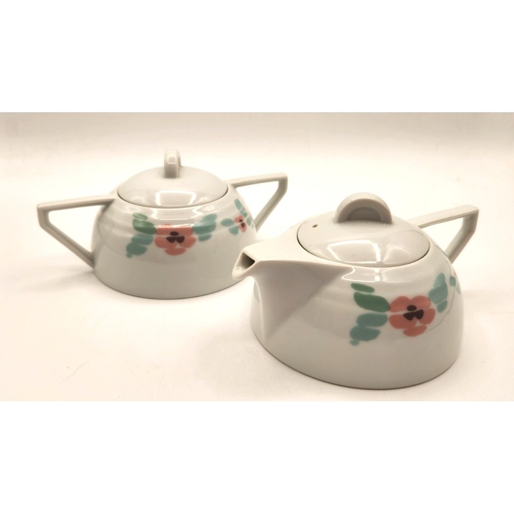 Studio Nova Sun Deck Lidded Sugar Bowl & Creamer Set Pink Green Flowers Vintage